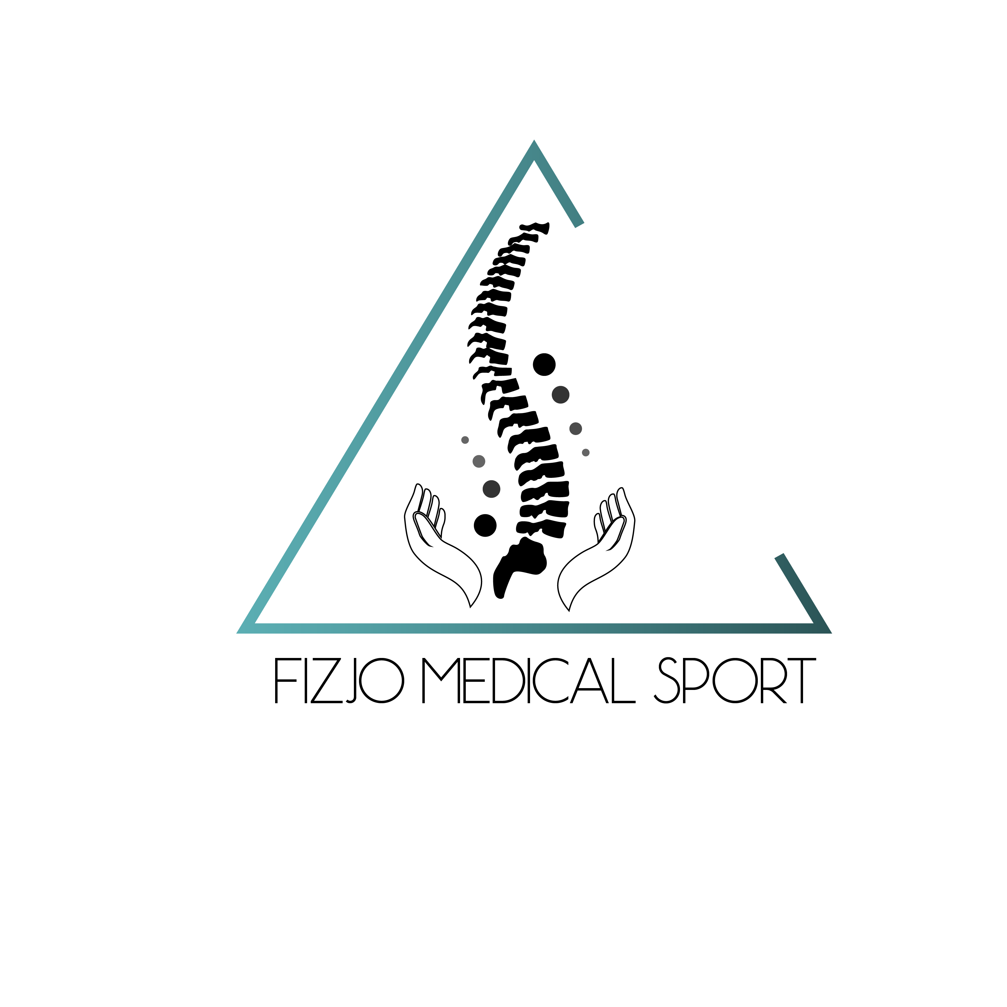 Logo z momtywem kręgosłupa otoczonego dłońmy, umieszczonego w niebieskim trójkącie z nazwą fizjo medical sport